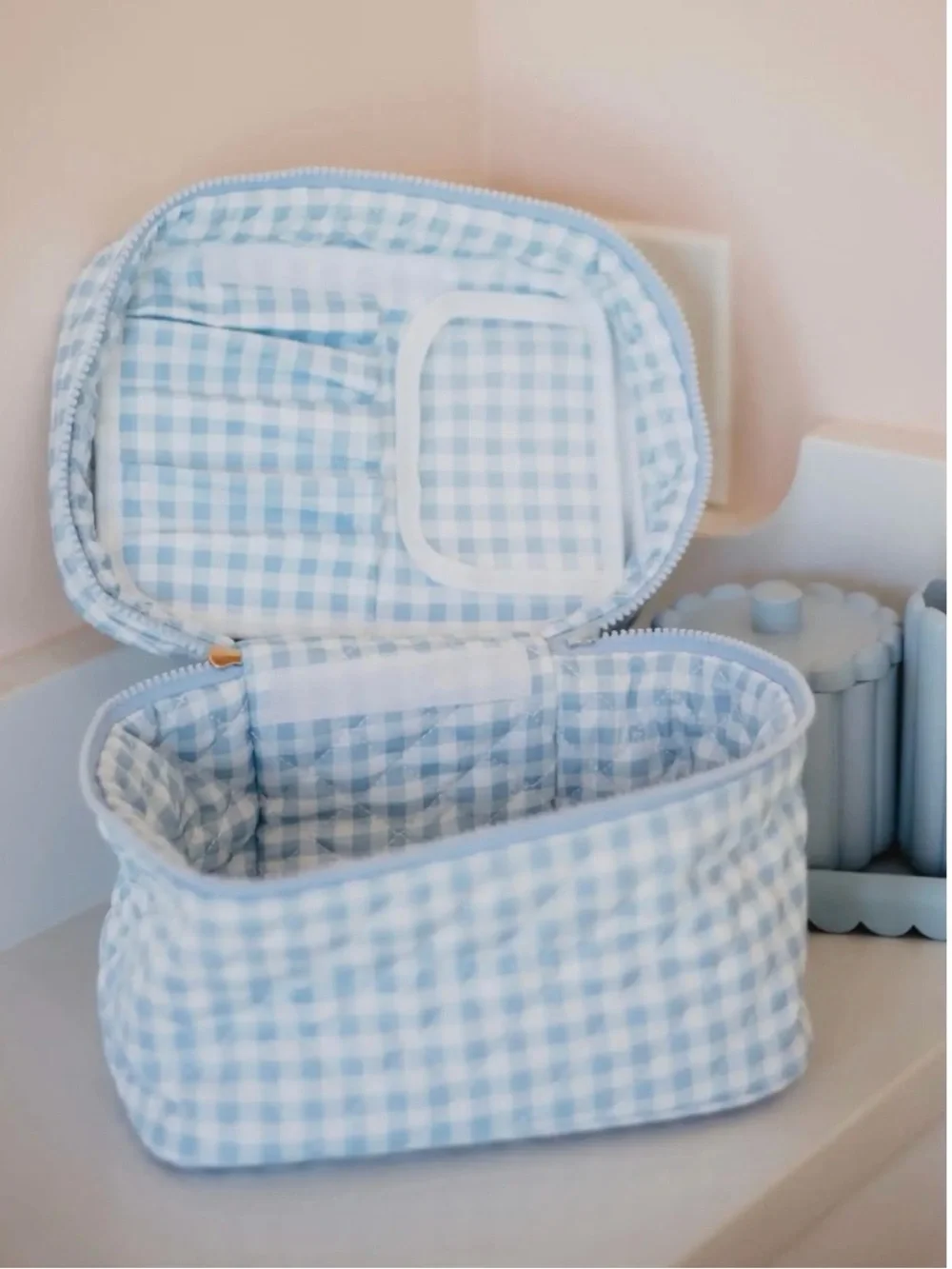 Katydid Blue Gingham Travel Makeup Organizer
